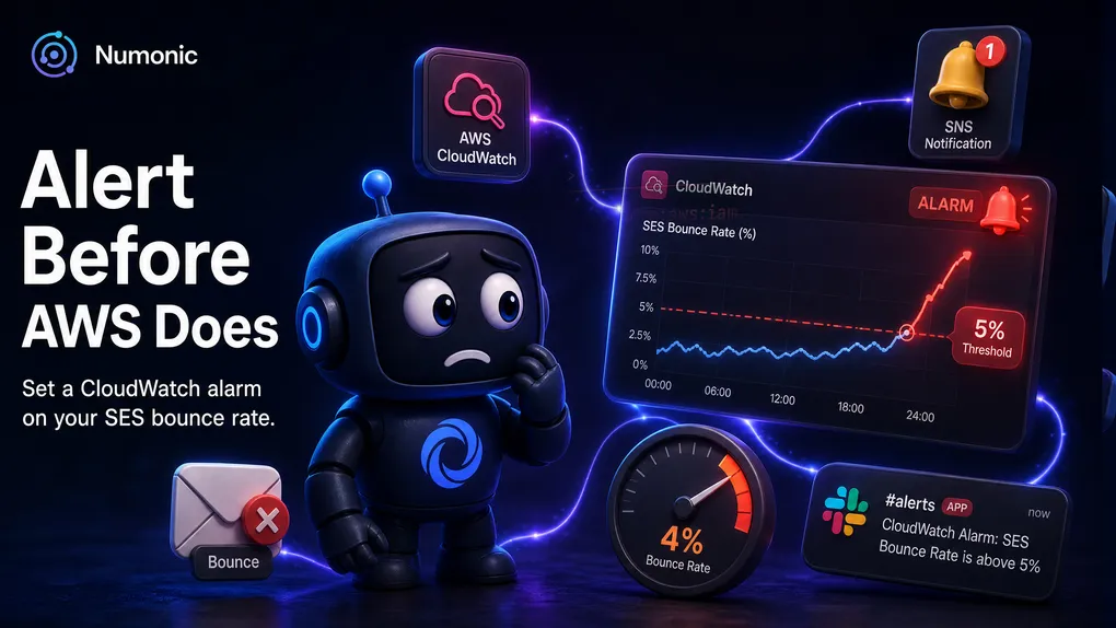 A CloudWatch alarm on the SES bounce-rate metric crossing a threshold line and firing an SNS notification.