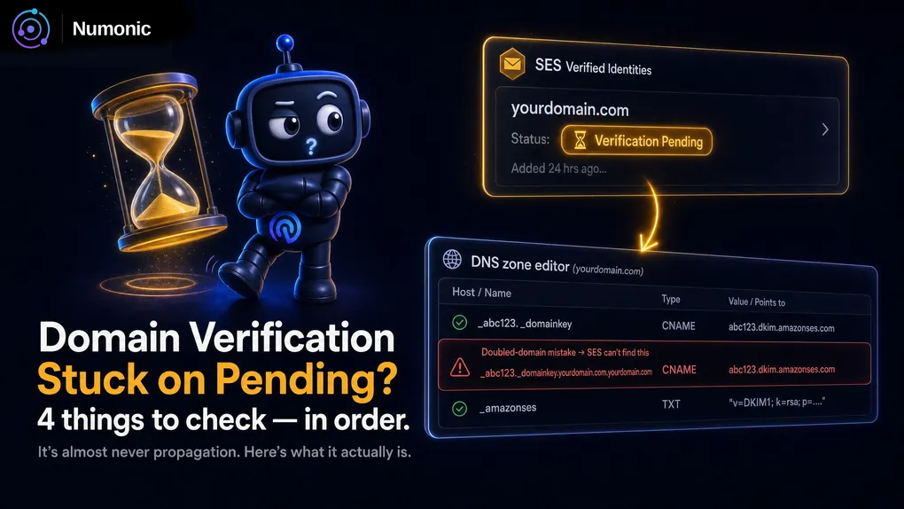 The SES verified identities screen showing a domain stuck on Verification pending, next to a DNS zone editor highlighting a doubled-domain record name.
