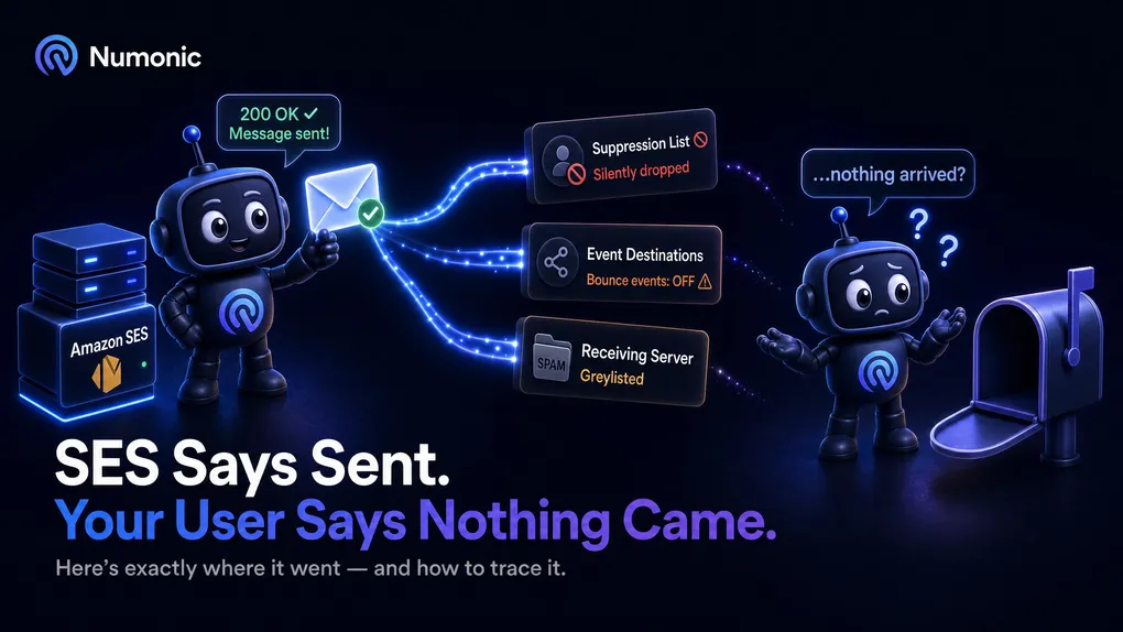 A send returning 200 OK and a message ID on one side, an empty inbox with a question mark on the other, and the silent gap between them where SES messages disappear.
