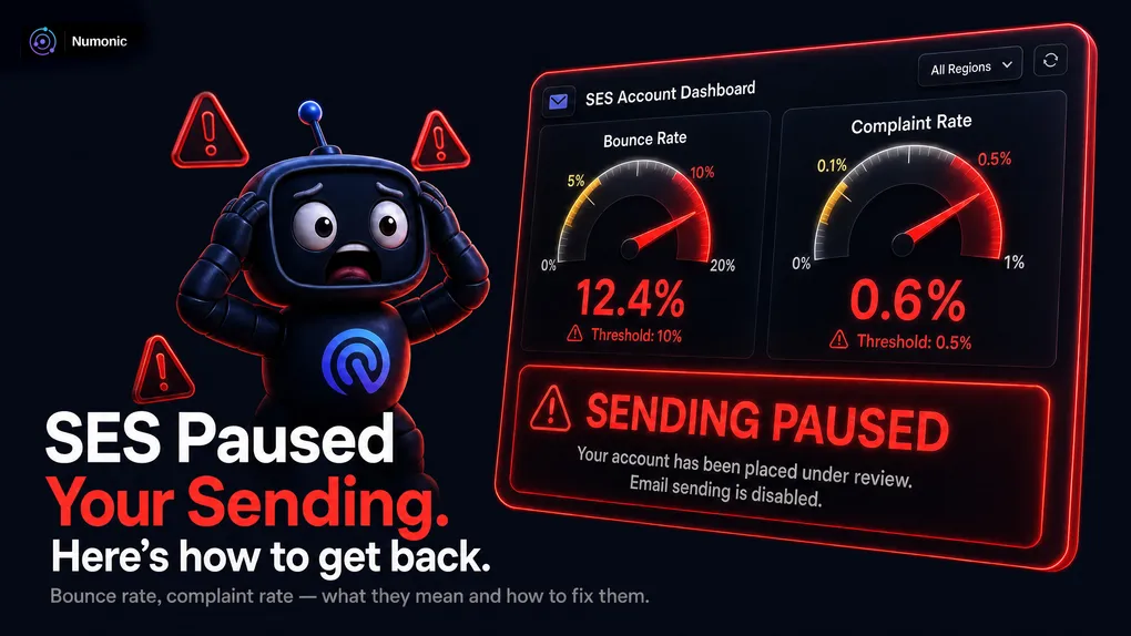 The SES account dashboard showing bounce-rate and complaint-rate gauges pushed into the red, with a SENDING PAUSED warning.