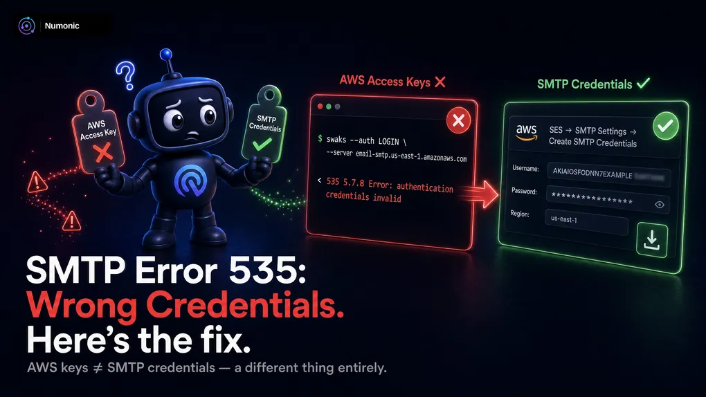 A terminal showing a 535 authentication error next to the SES SMTP settings screen, illustrating that AWS access keys and SES SMTP credentials are two different things.