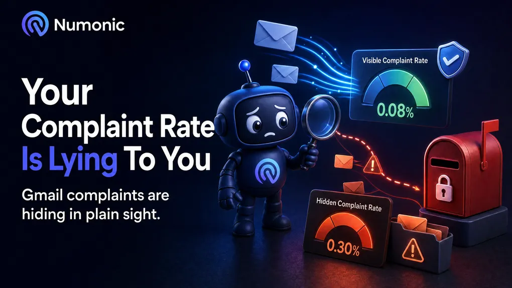 Numonic robot mascot looking dismayed at two complaint-rate gauges — a green 0.08% reading next to a red 0.30% reading — hinting that the visible number is hiding the real one.