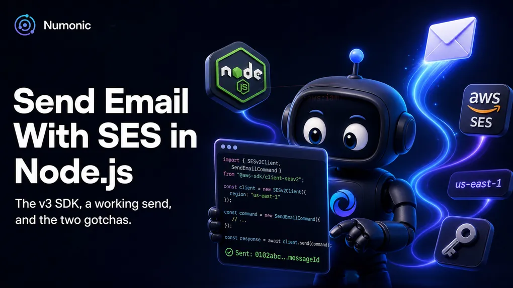 A Node.js SESv2 SendEmailCommand call returning a message ID in the terminal.
