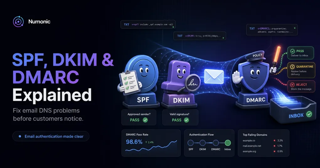 Illustration of SPF, DKIM, and DMARC working together to route an email to the inbox.