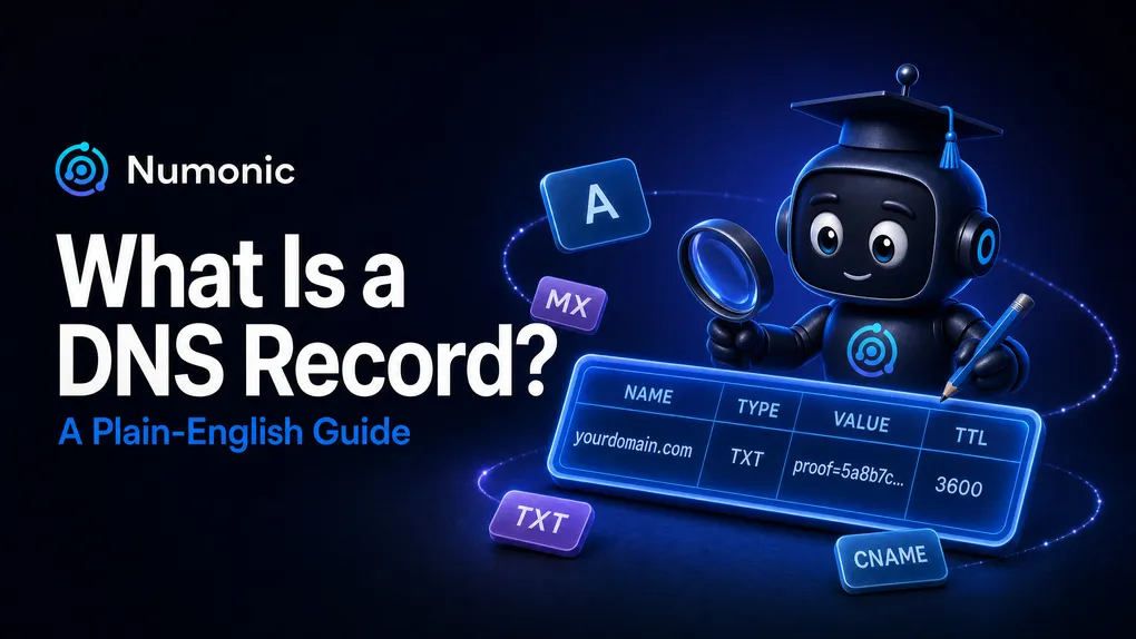 A DNS record broken into its fields: name, type, value, and TTL.