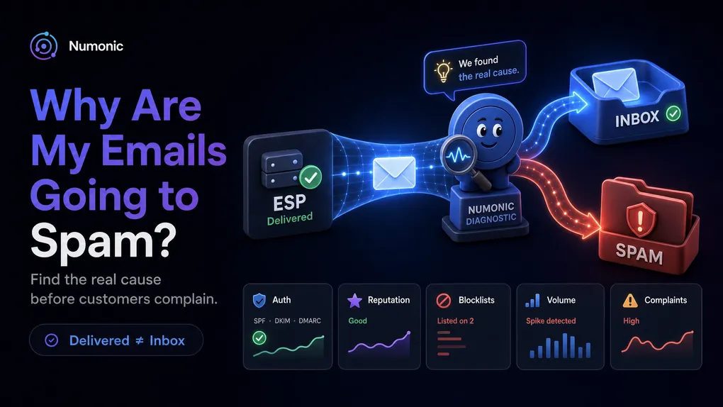 Diagnostic flow showing an ESP marking mail Delivered while Numonic checks reputation, blocklists, volume, and complaints to find why messages land in spam.